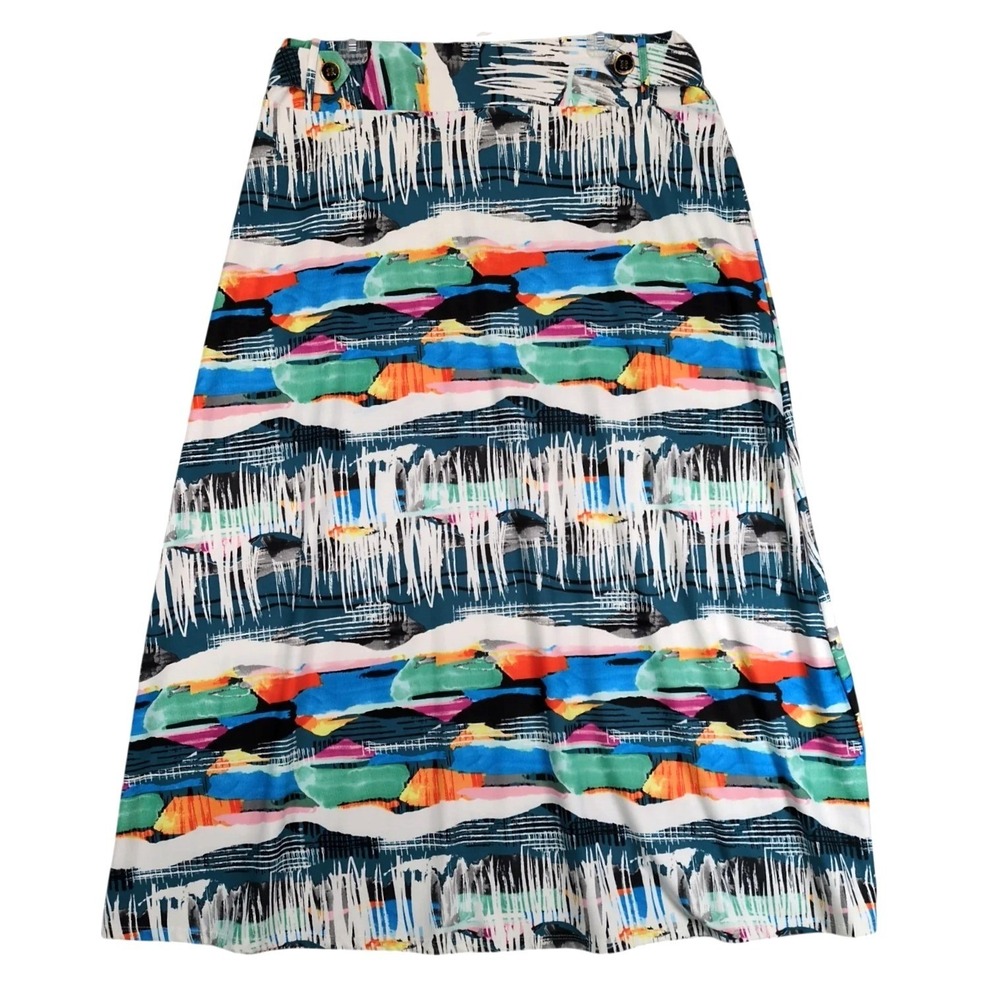 Robert Louis Abstract Multicolor Maxi Skirt Sz XL Stretch Accent Buttons Artsy